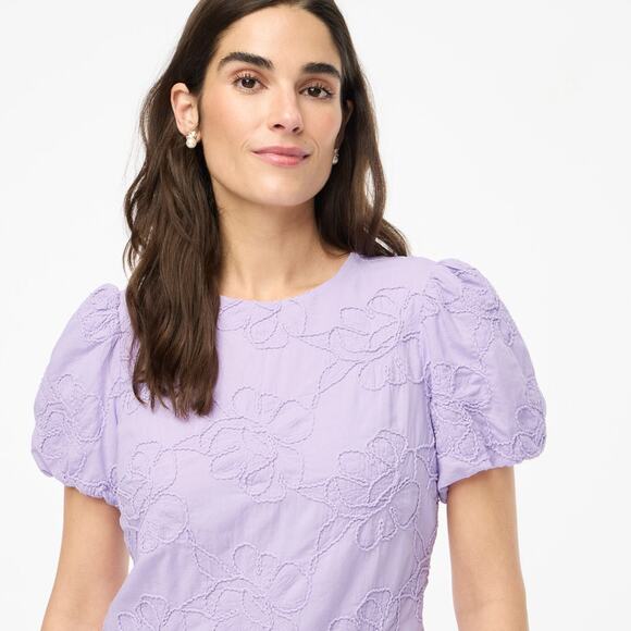 J.Crew Eyelet Puff-Sleeve Mini Dress WMNS 14 Purple Flower Embroidery Crew Neck - Picture 3 of 8